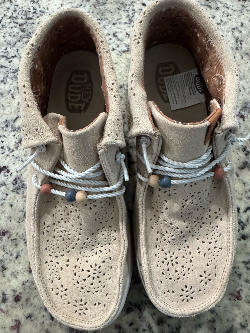 Hey Dude Women's Light Beige Suede Perforated Moccasins with Bead Detail